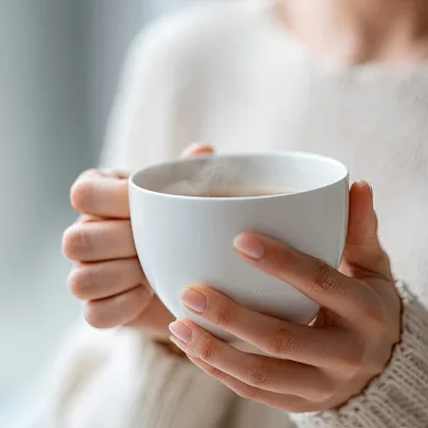 Woman's hands gently holding a steaming white ceramic mug filled with comforting hot beverage indoors.